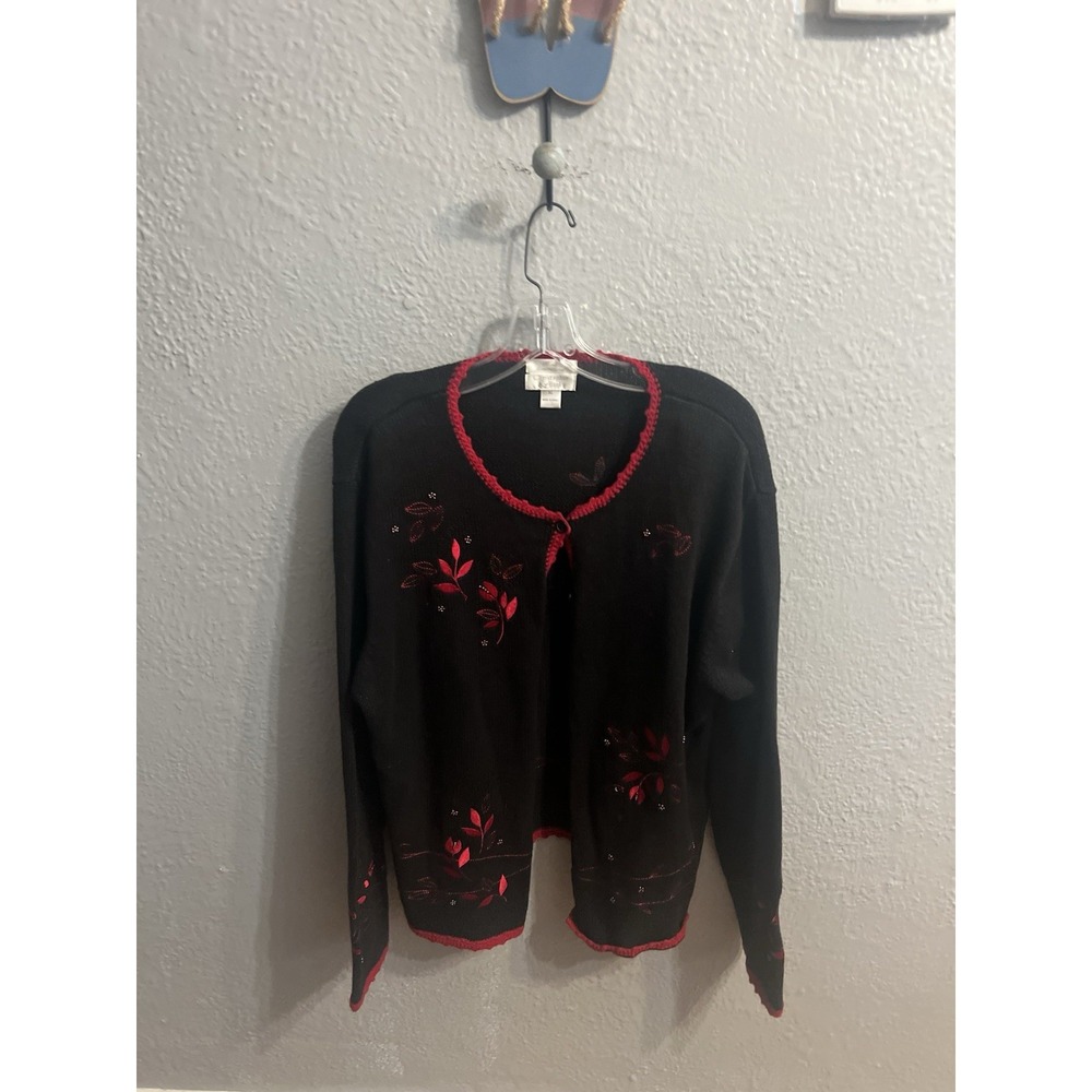 CJ Banks Black Red Embroidered Cardigan Sweater Women's Floral Size XL